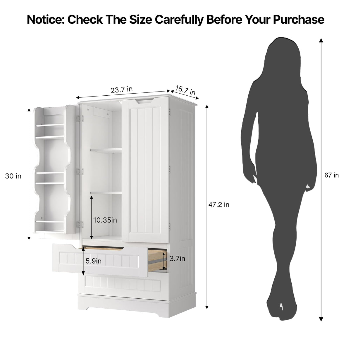 White Pantry Cabinet with 2 Drawers and 6 Door Shelves A728391