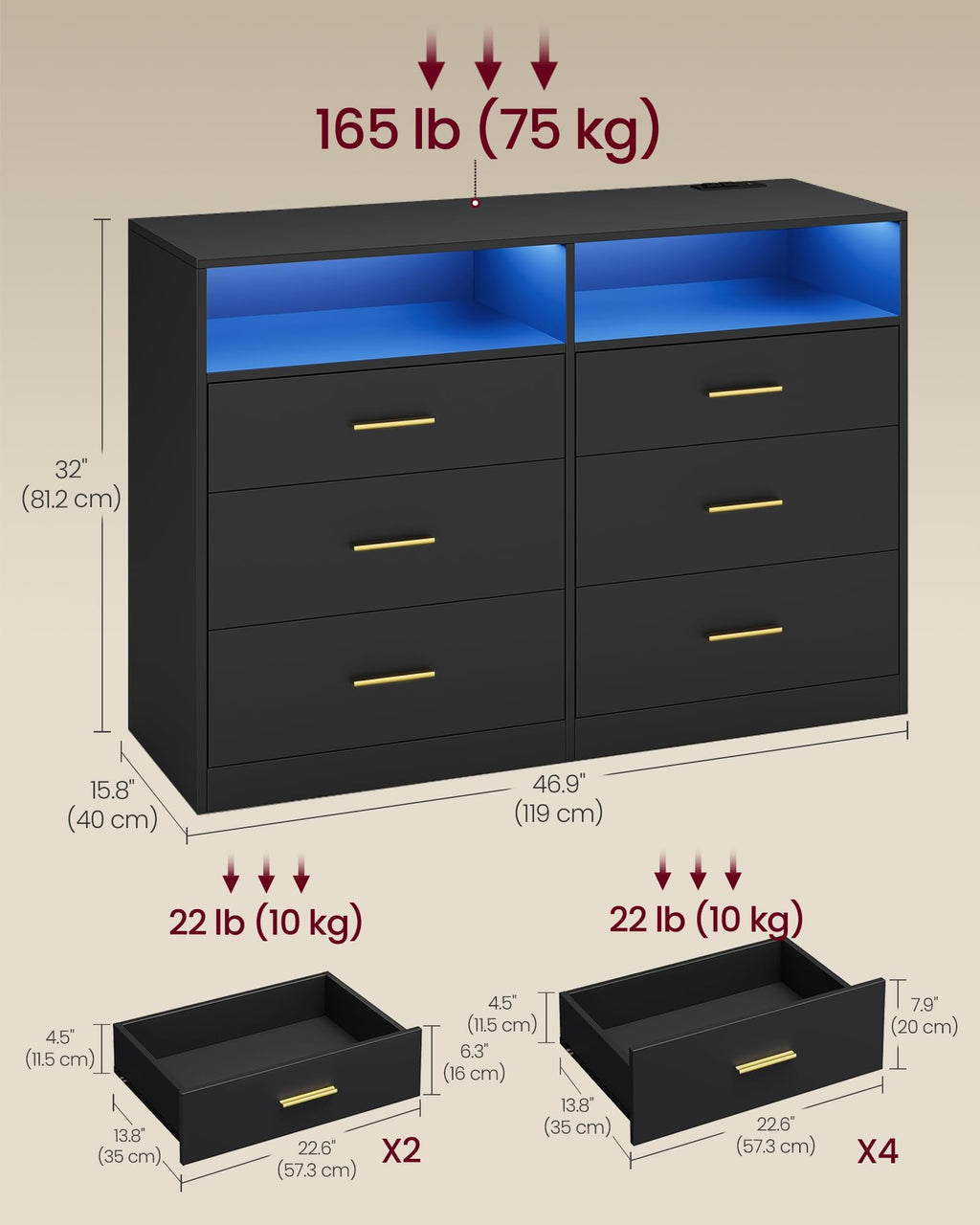 6 Drawer Dresser with LED Lights and Power Strip I80940