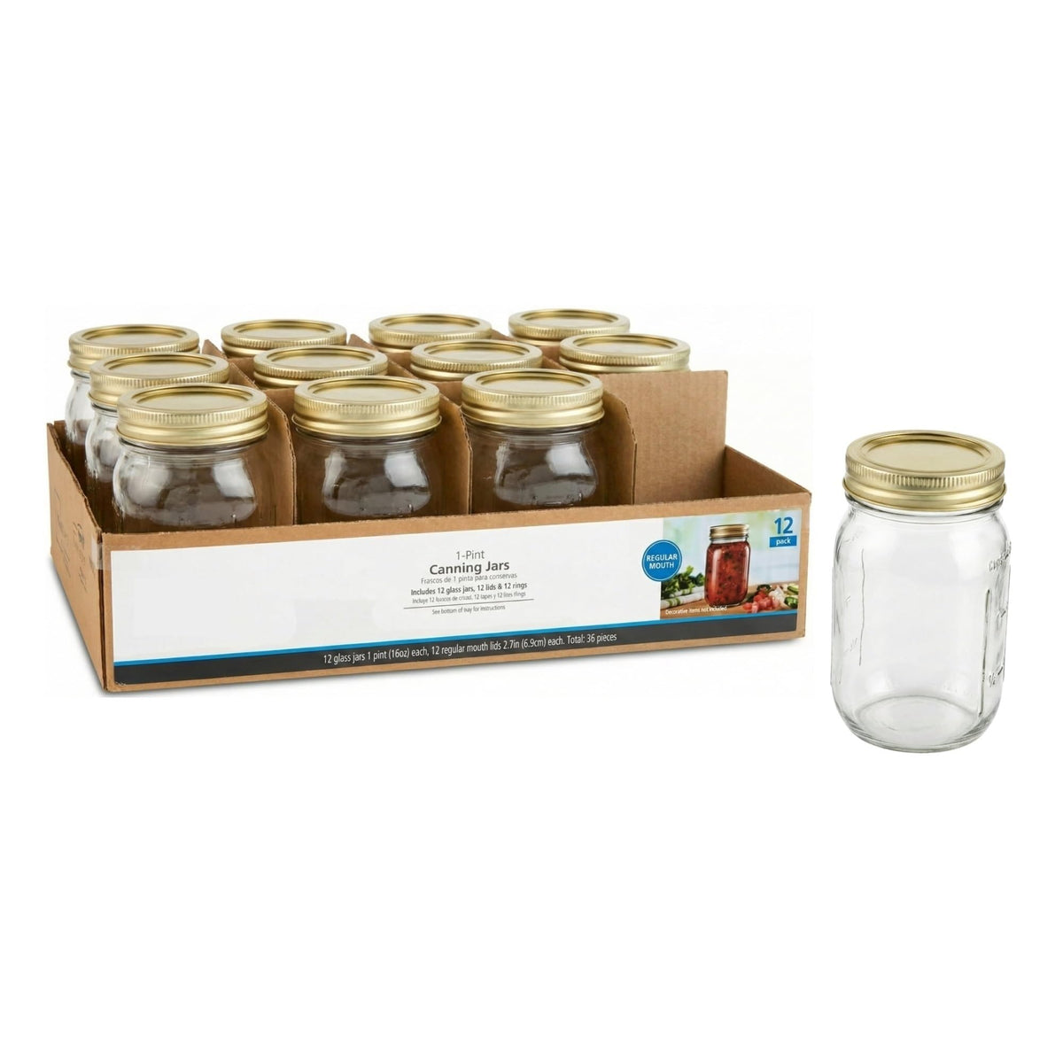16 oz Regular Mouth Glass Canning Jars with Lids and Rings, 12-Pack V990