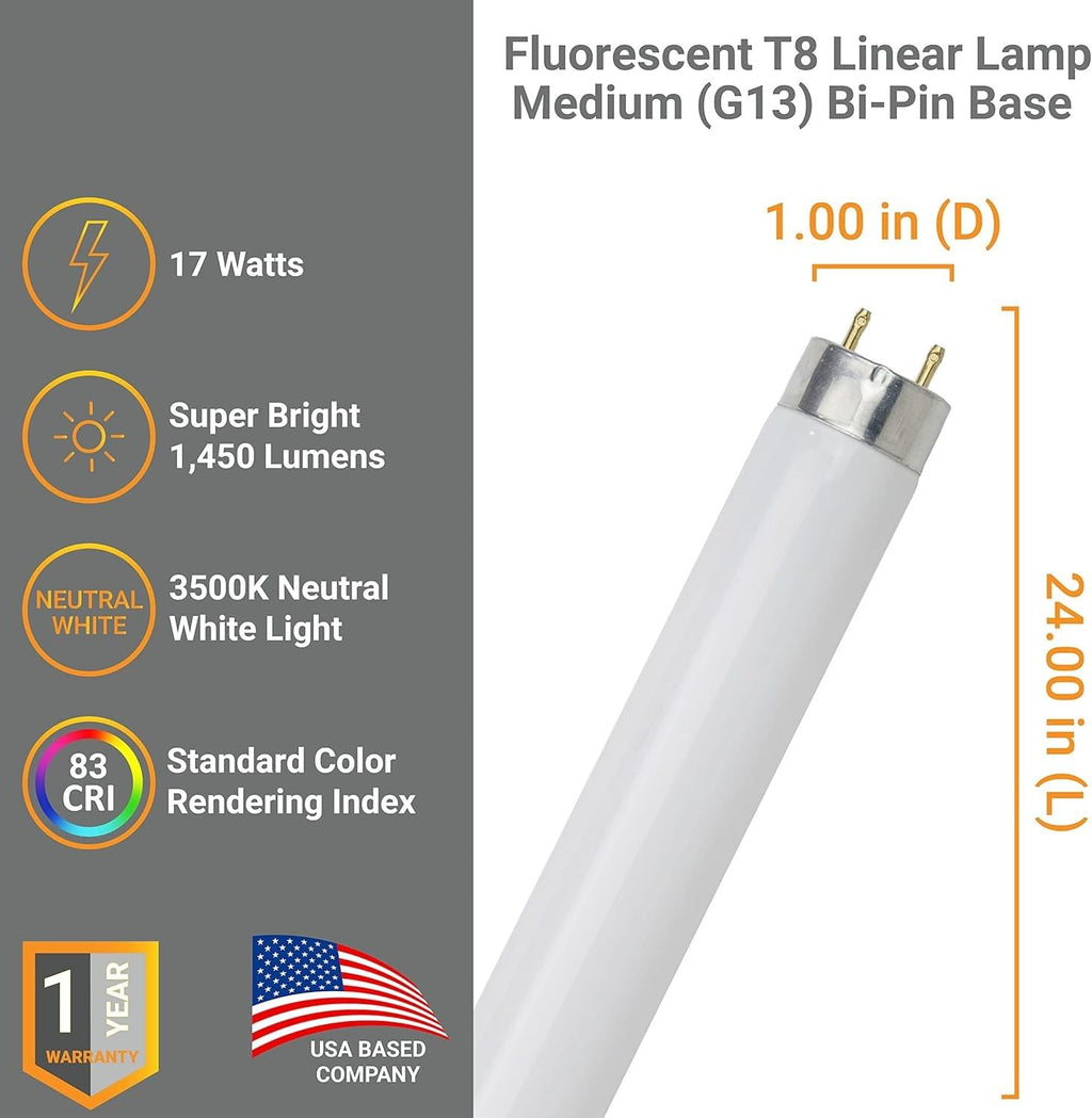 24 Inch T8 Fluorescent Tube Light Bulb 17W 3500K G13 Bi-Pin Pack of 10 U5258