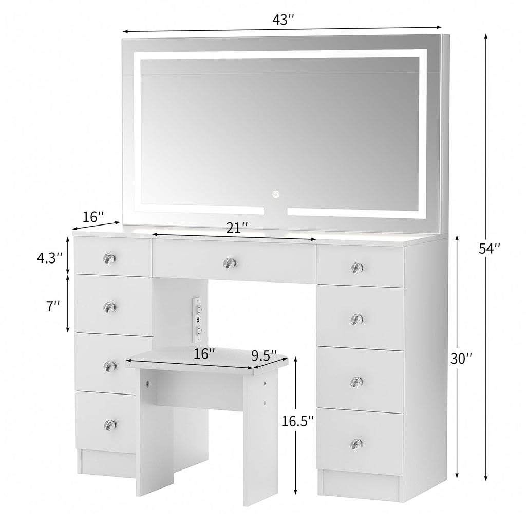 Vanity with Lighted Mirror and 9 Drawers J995