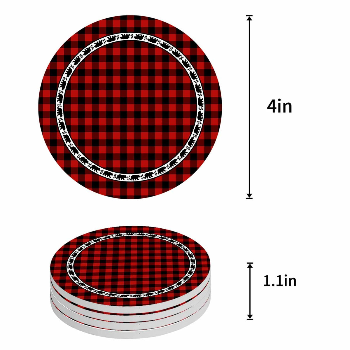 Red Black Buffalo Plaid Set of 6 Absorbent Stone Ceramic Coasters with Holder A915060
