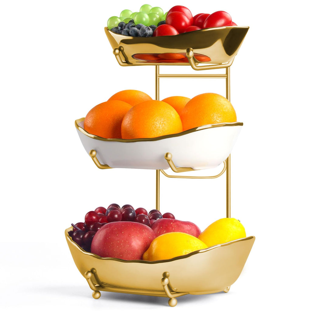 3 Tier Ceramic Fruit Bowl with Metal Stand J394