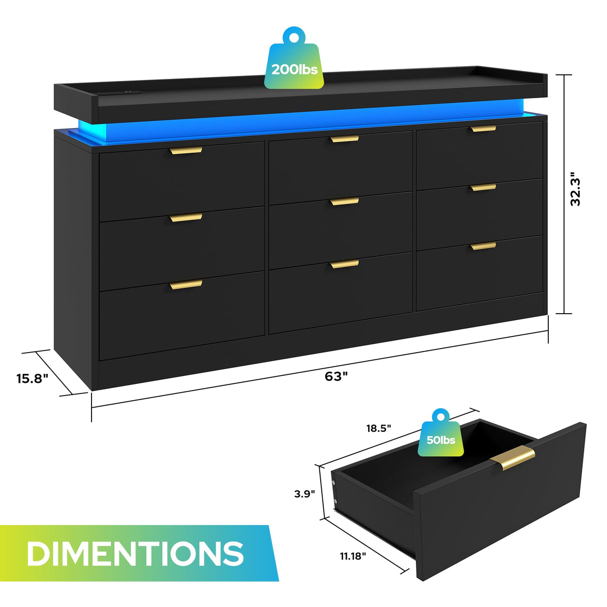 Black 9 Drawer Wood Dresser with LED Lights and Power Outlet U232294