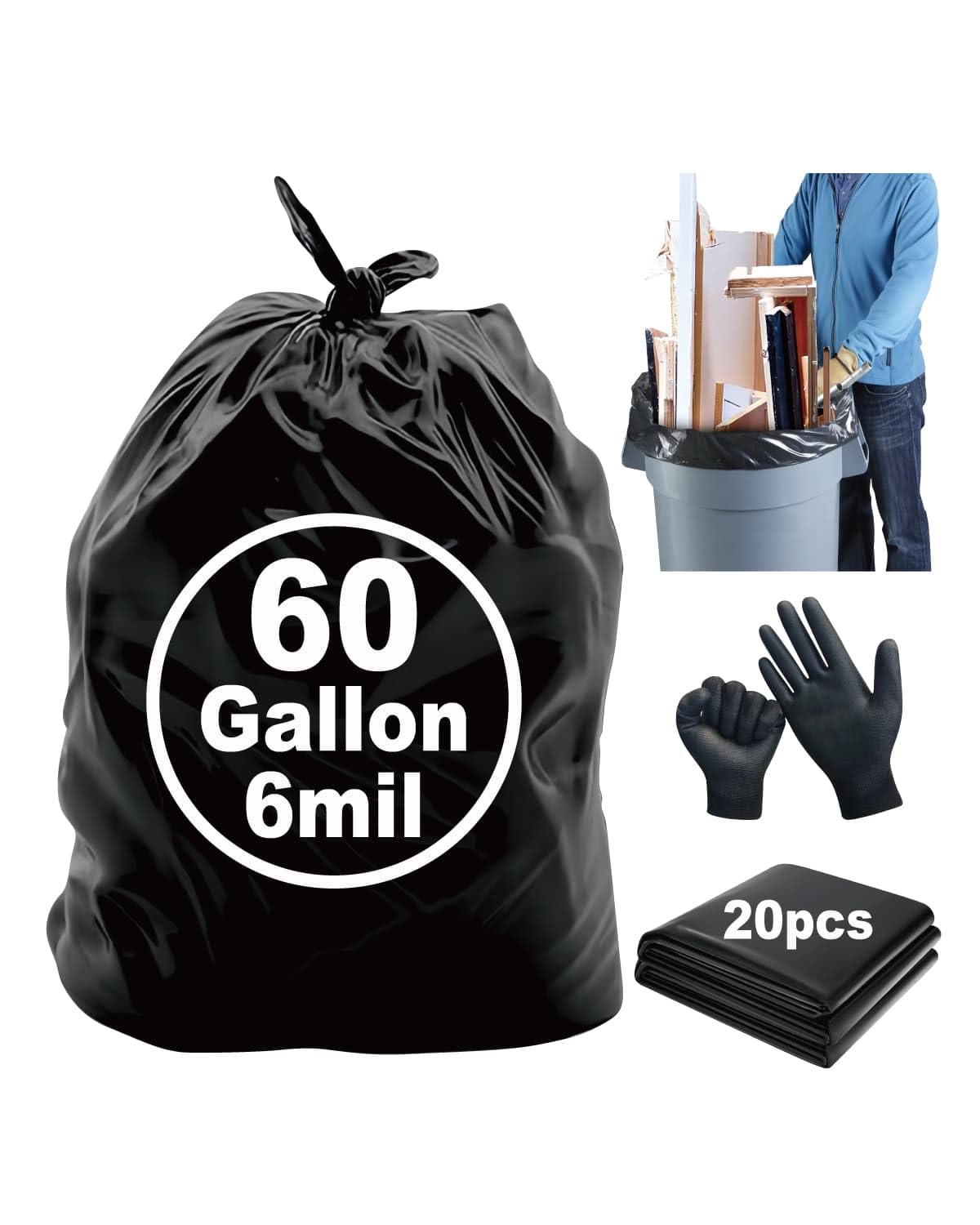 6 Mil Heavy Duty Contractor Trash Bags, 50/55/60 Gallon, Black, 20 Pack B41500