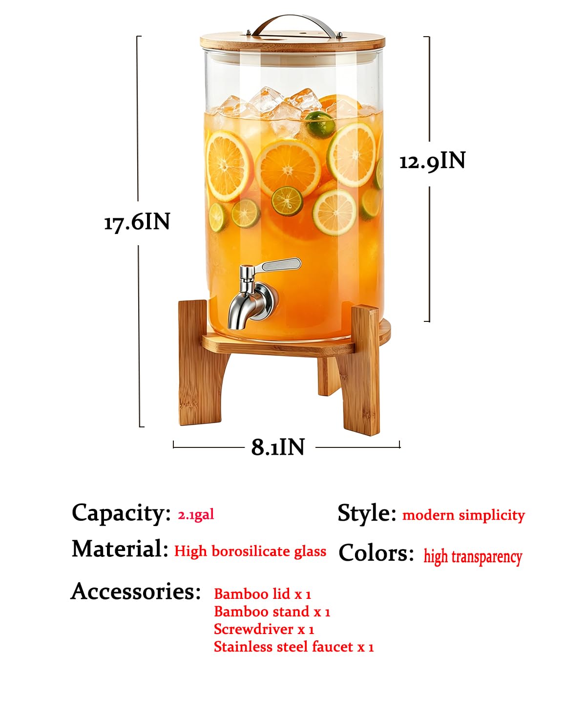 2.1 Gallon Glass Beverage Dispenser with Spigot and Stand Q631
