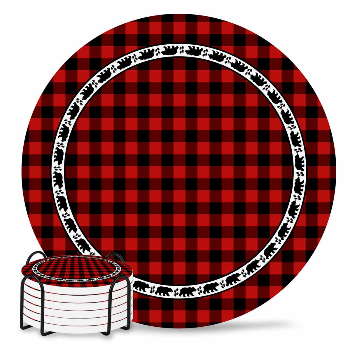 Red Black Buffalo Plaid Set of 6 Absorbent Stone Ceramic Coasters with Holder A915060