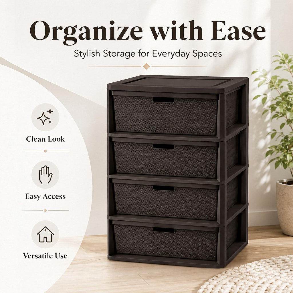 4 Drawer Plastic Storage Tower with Brown Weave Bins G31574