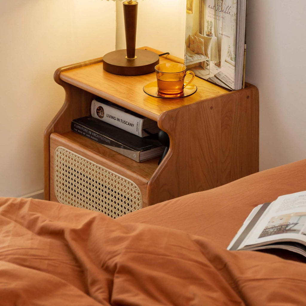 Cherry Wood Rattan Nightstand with Drawer G7618