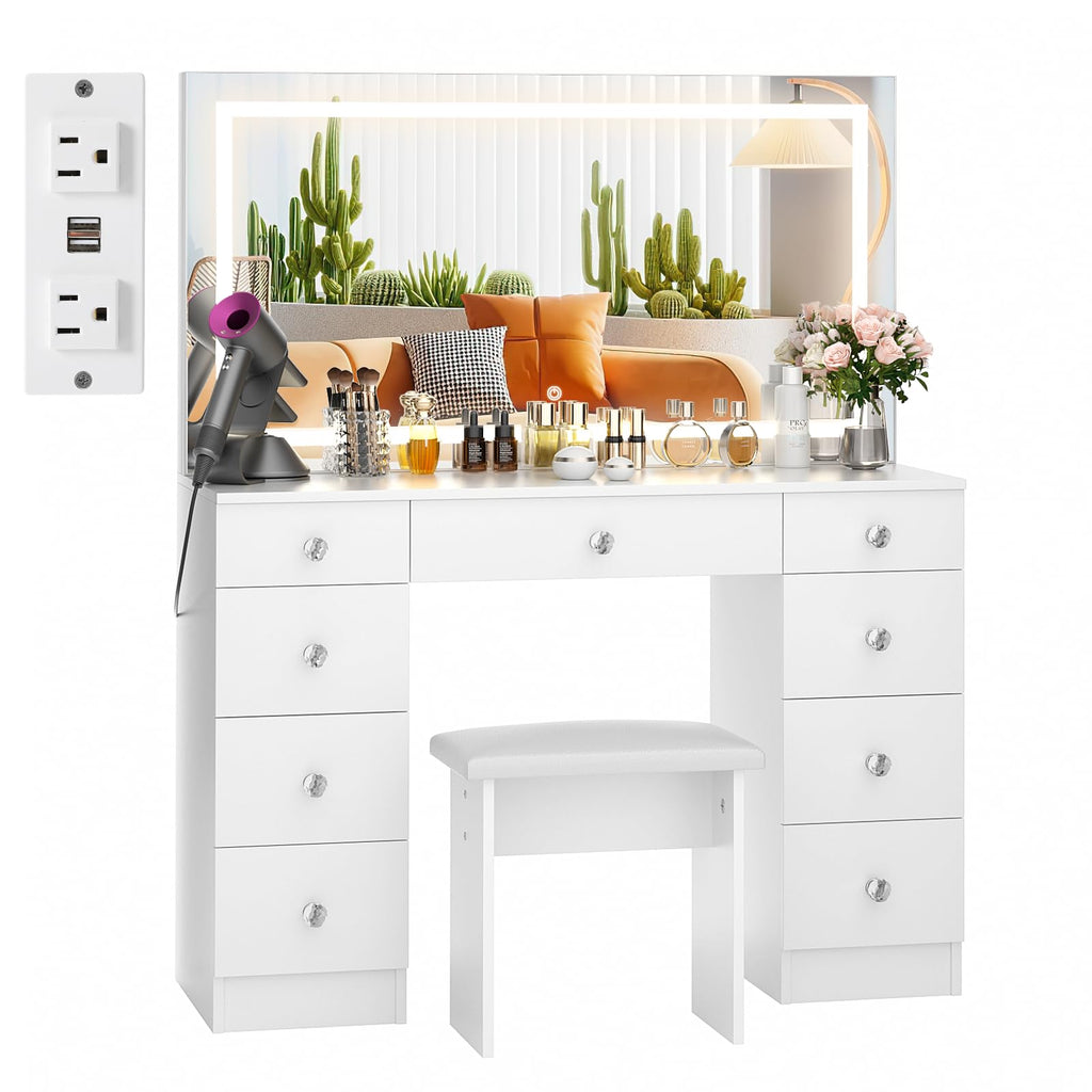 Vanity with Lighted Mirror and 9 Drawers J995