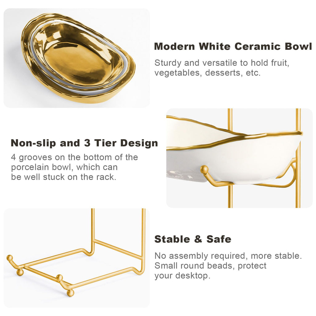 3 Tier Ceramic Fruit Bowl with Metal Stand J394