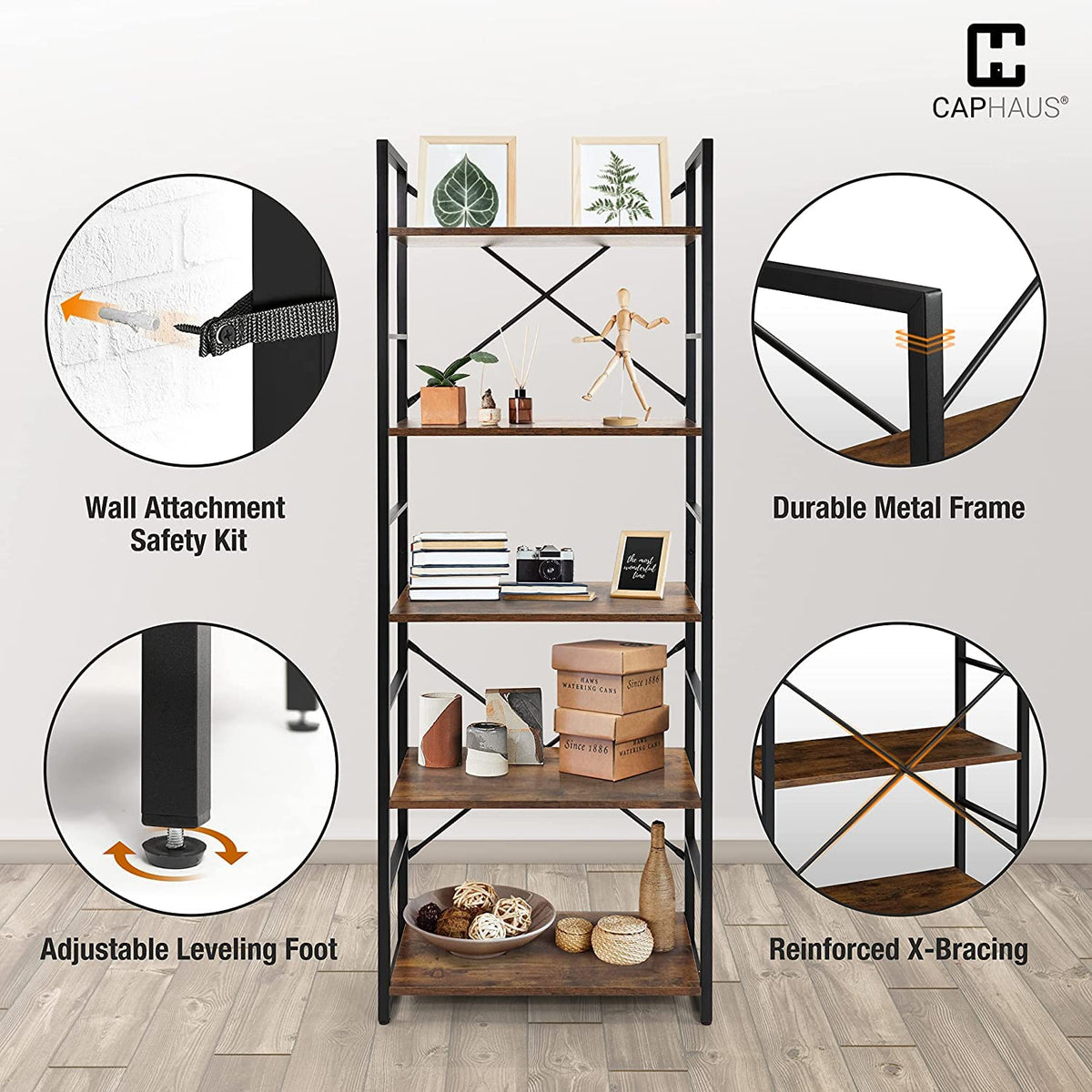 6 Tier 24 Inch Rustic Oak Bookshelf O130
