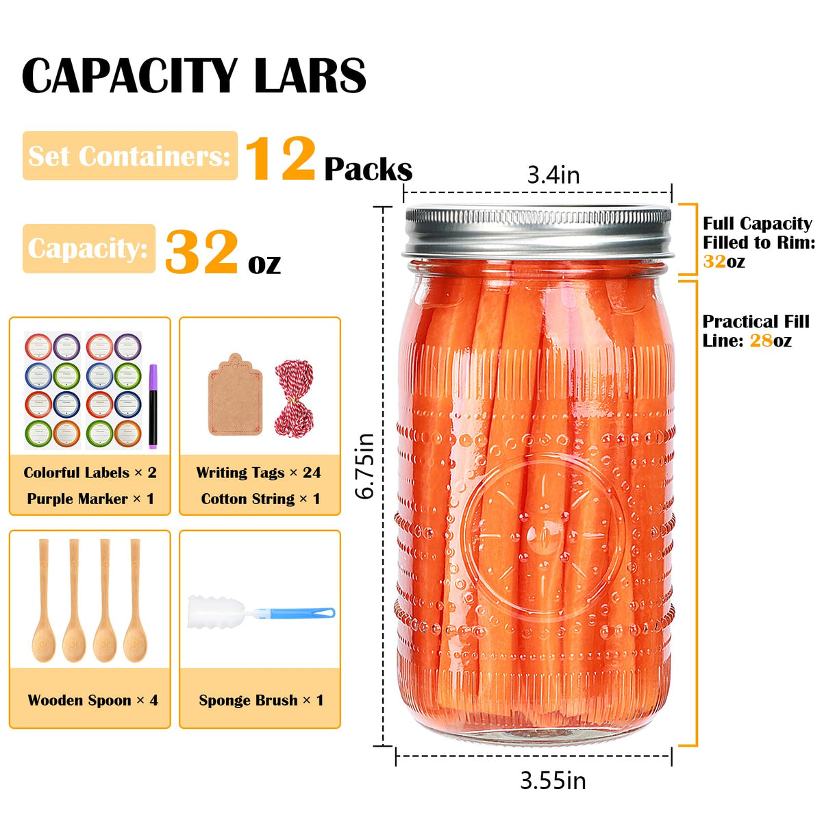 Wide Mouth Mason Jars with Lids 32oz 12 Pack A31808