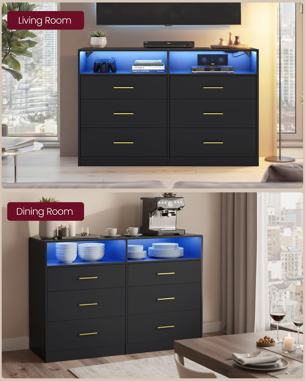 6 Drawer Dresser with LED Lights and Power Strip I80940