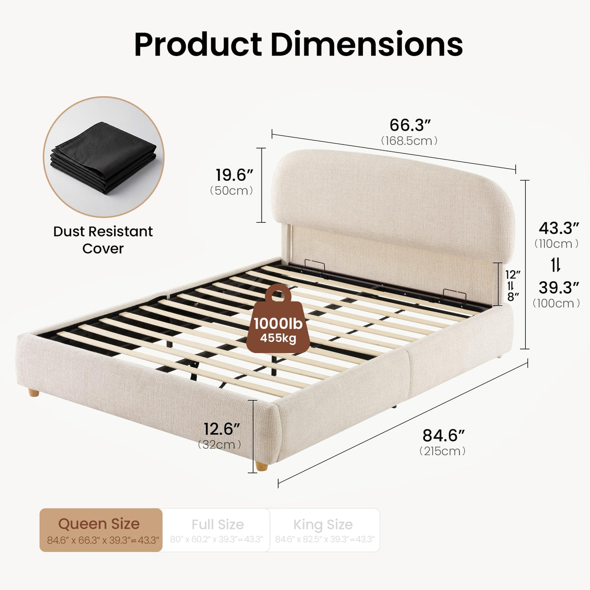Queen Lift Up Storage Bed Frame with Adjustable Headboard, Beige R345394
