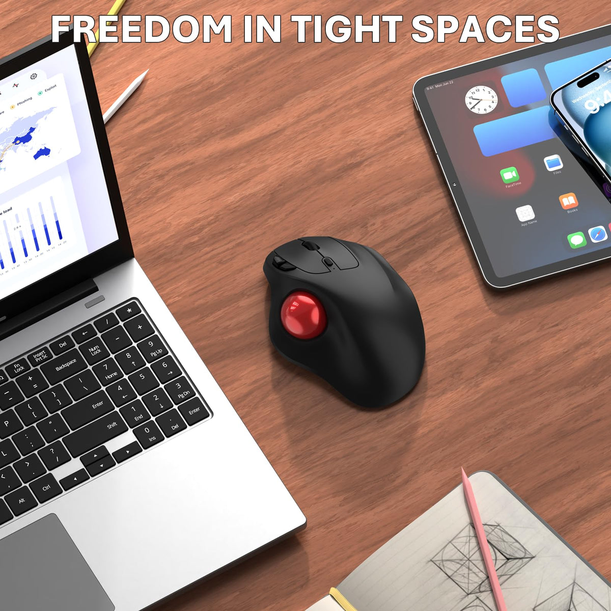 Wireless Trackball Mouse, Ergonomic with 30° Tilt, 5 DPI, Red T869147