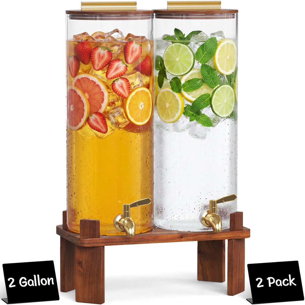 2 Gallon Glass Drink Dispenser with Wood Stand M712