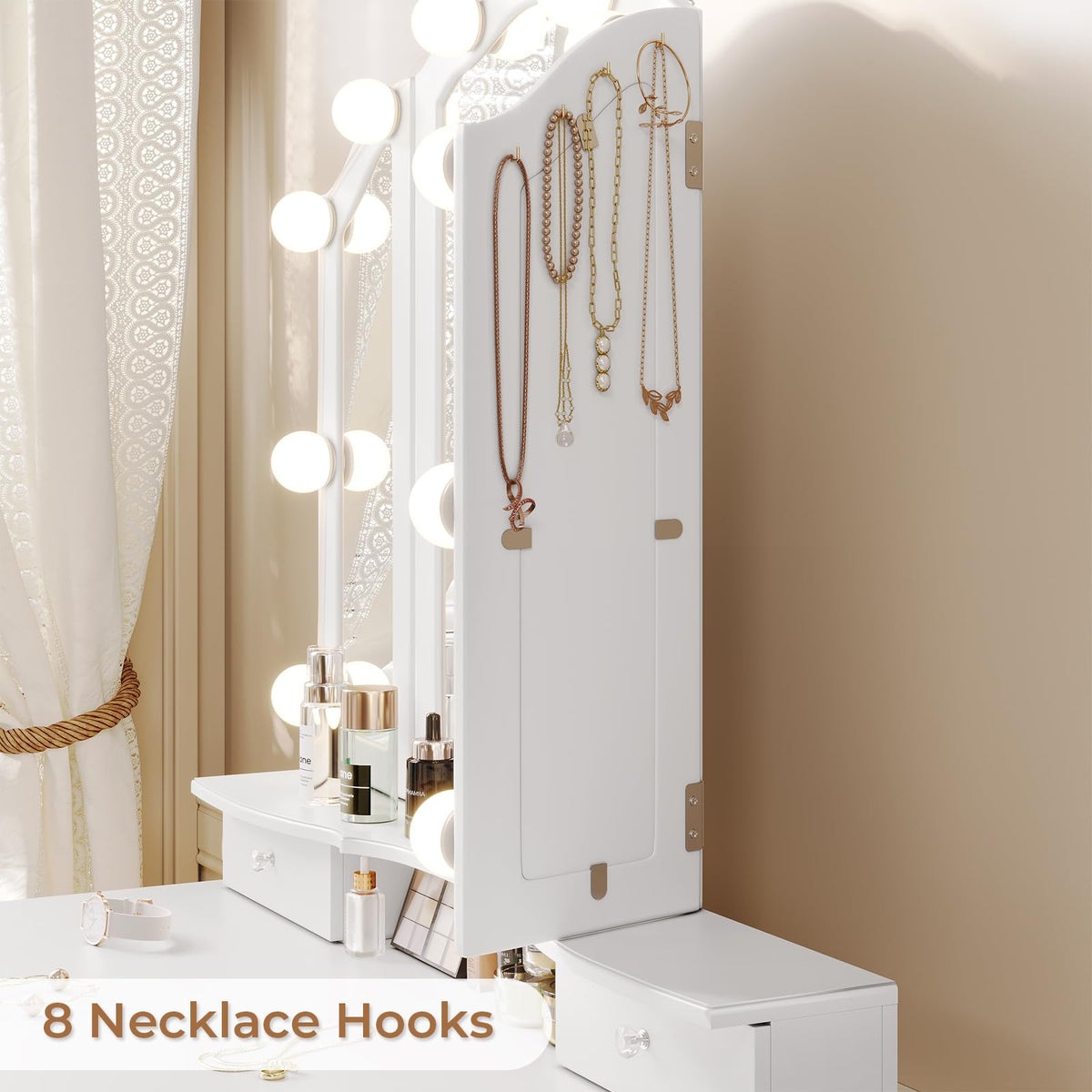 White Vanity Table Set with Lighted Mirror and Stool C51169