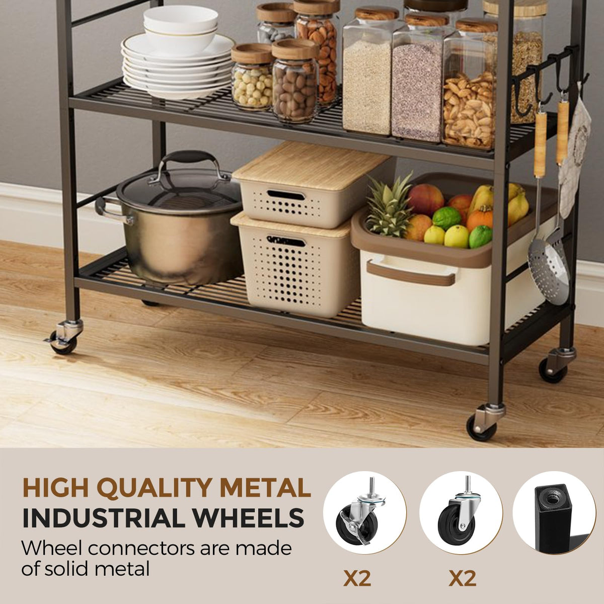3-Tier Metal Storage Rack with Wheels, Mesh Shelving Unit, Black W3952