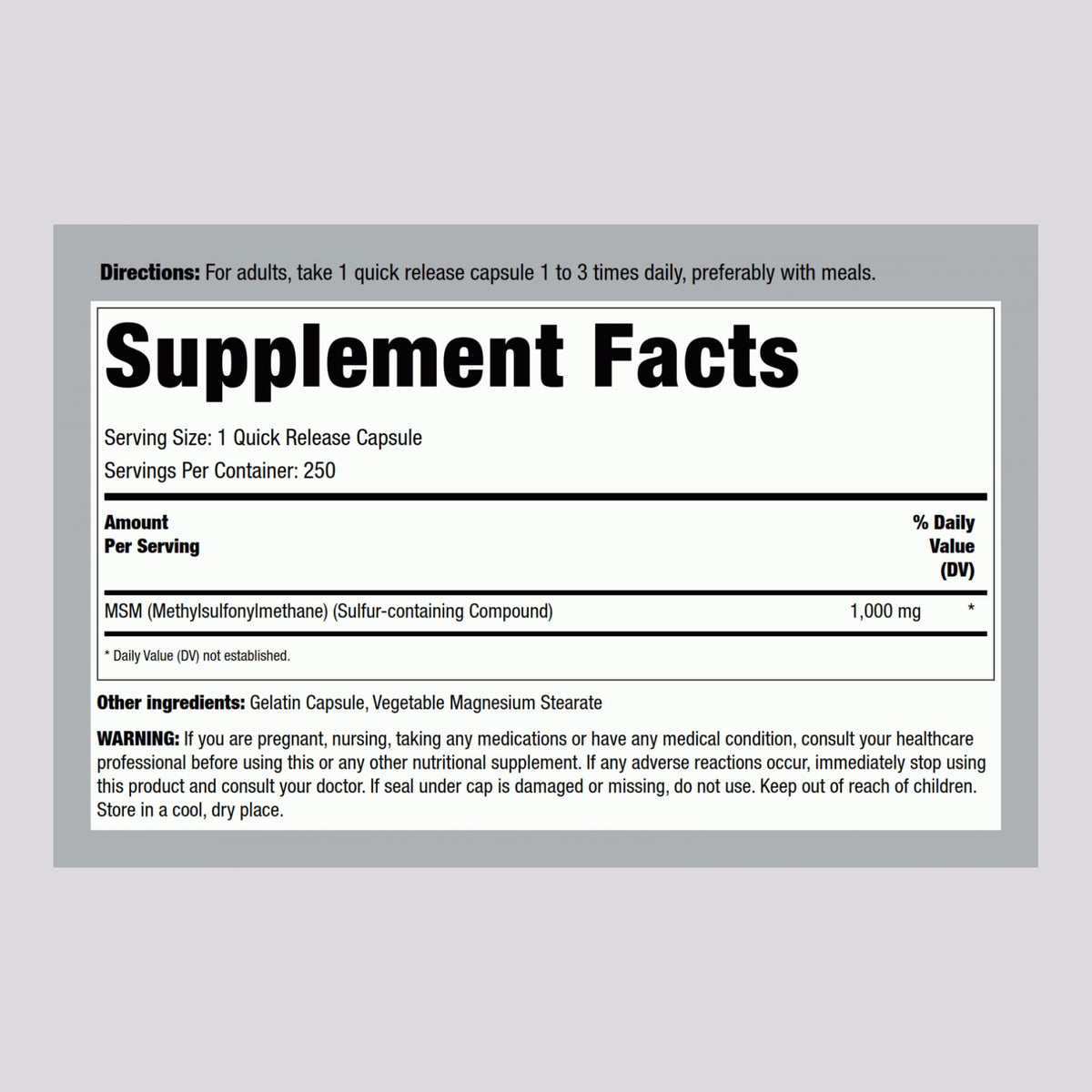 MSM 1000mg Capsules 250 Count A65460