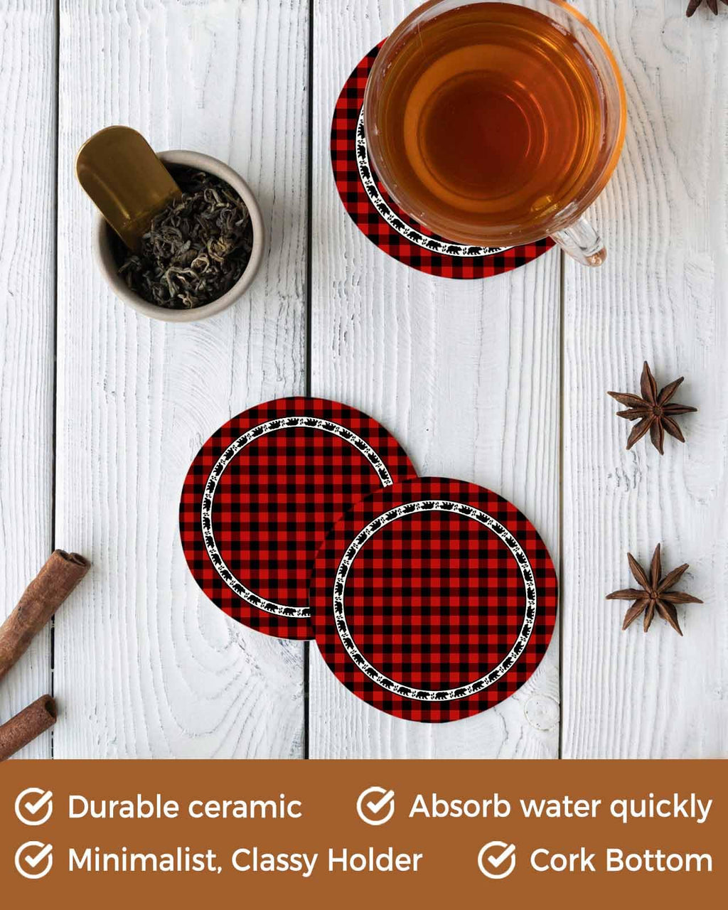 Red Black Buffalo Plaid Set of 6 Absorbent Stone Ceramic Coasters with Holder A915060