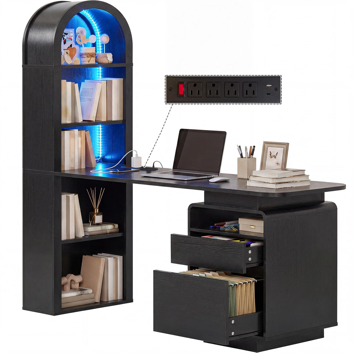 59" Computer Desk with LED Lights & Power Outlets, Black I248
