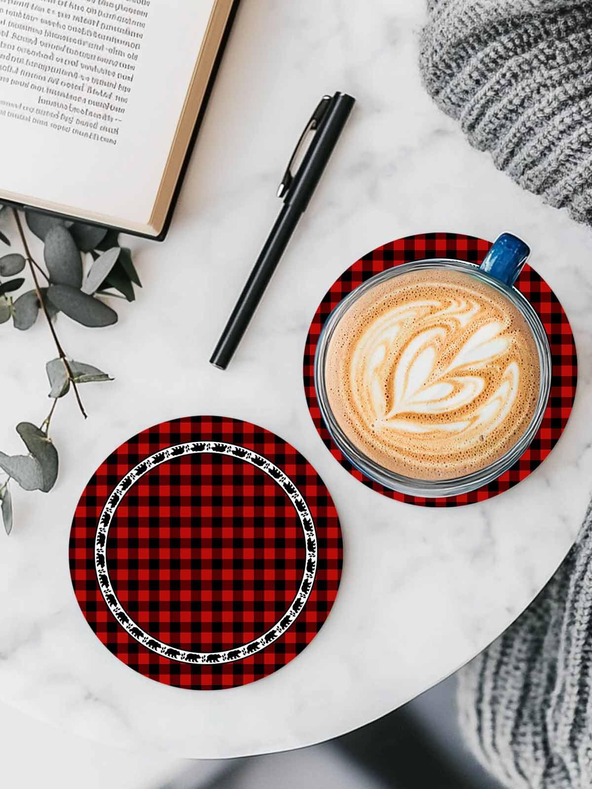 Red Black Buffalo Plaid Set of 6 Absorbent Stone Ceramic Coasters with Holder A915060