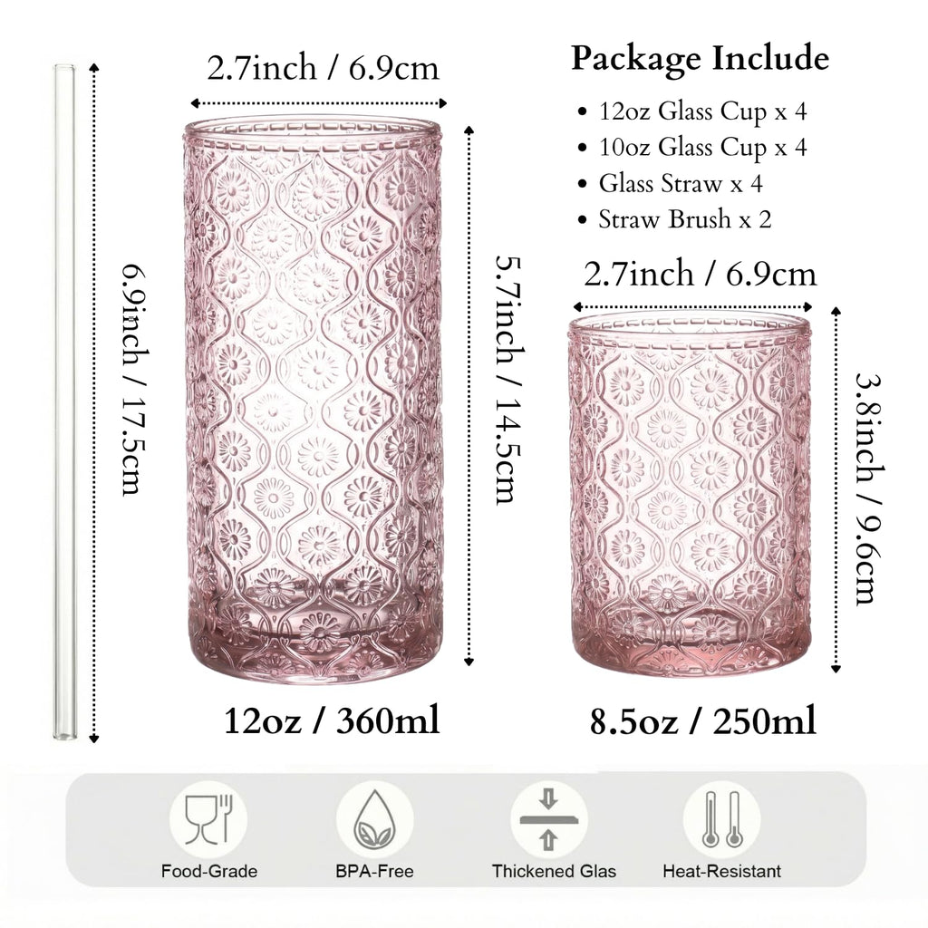 Pink Floral Embossed 12 Oz Highball & 10 Oz Cocktail Glasses Set of 8 with Straws N33621