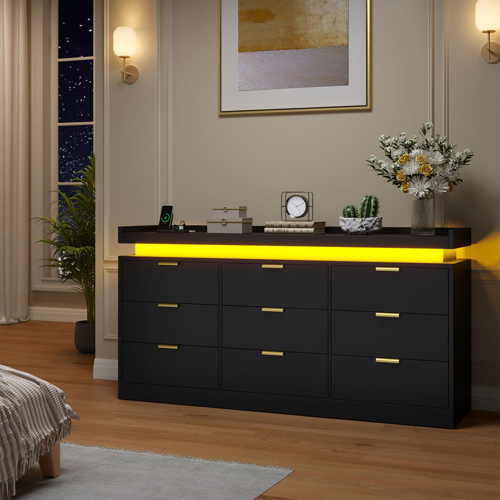 Black 9 Drawer Wood Dresser with LED Lights and Power Outlet U232294