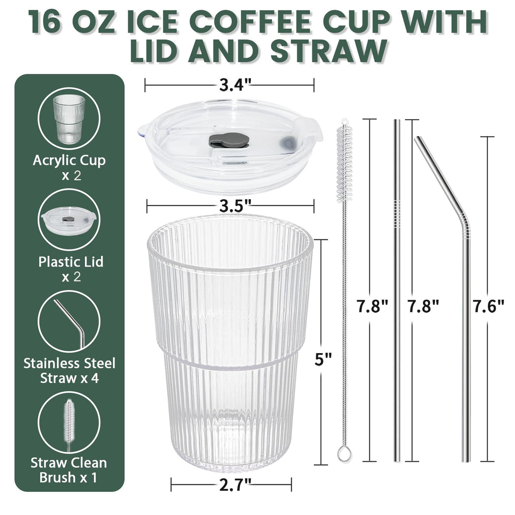 16 OZ Clear Plastic Iced Coffee Cups with Lids and Straws 2 Pcs G499