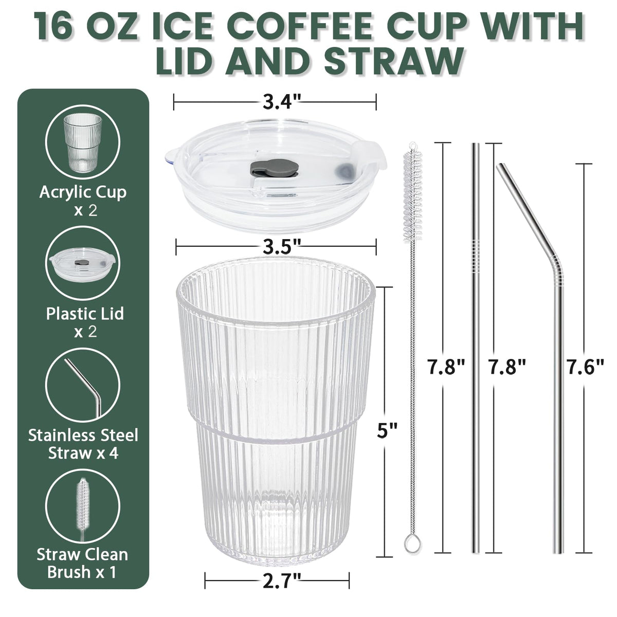 16 OZ Clear Plastic Iced Coffee Cups with Lids and Straws 2 Pcs G499