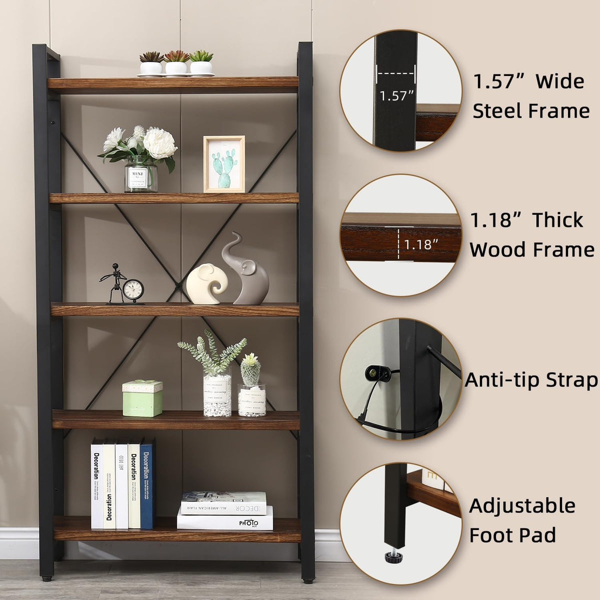 5 Tier Solid Wood Metal Bookcase R617597