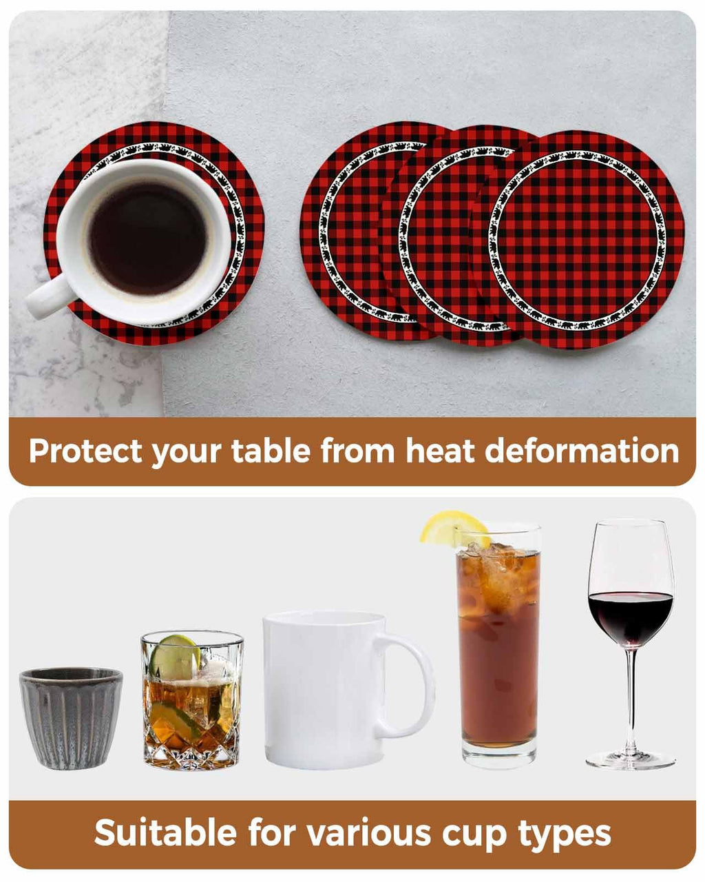Red Black Buffalo Plaid Set of 6 Absorbent Stone Ceramic Coasters with Holder A915060