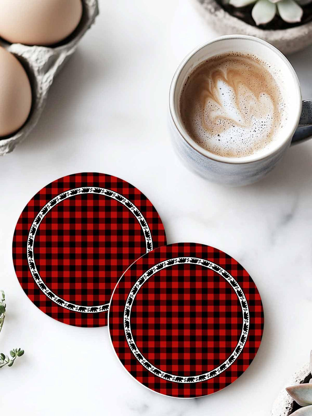 Red Black Buffalo Plaid Set of 6 Absorbent Stone Ceramic Coasters with Holder A915060