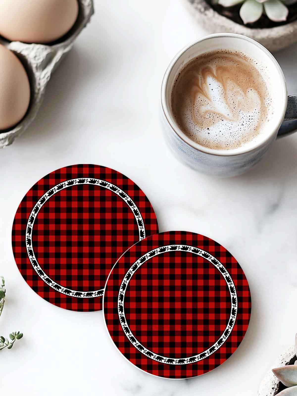 Red Black Buffalo Plaid Set of 6 Absorbent Stone Ceramic Coasters with Holder A915060