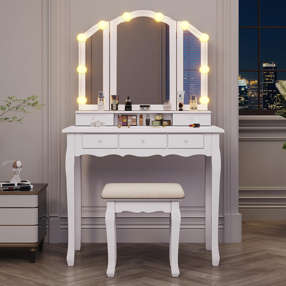 White Vanity Table Set with Lighted Mirror and Stool C51169