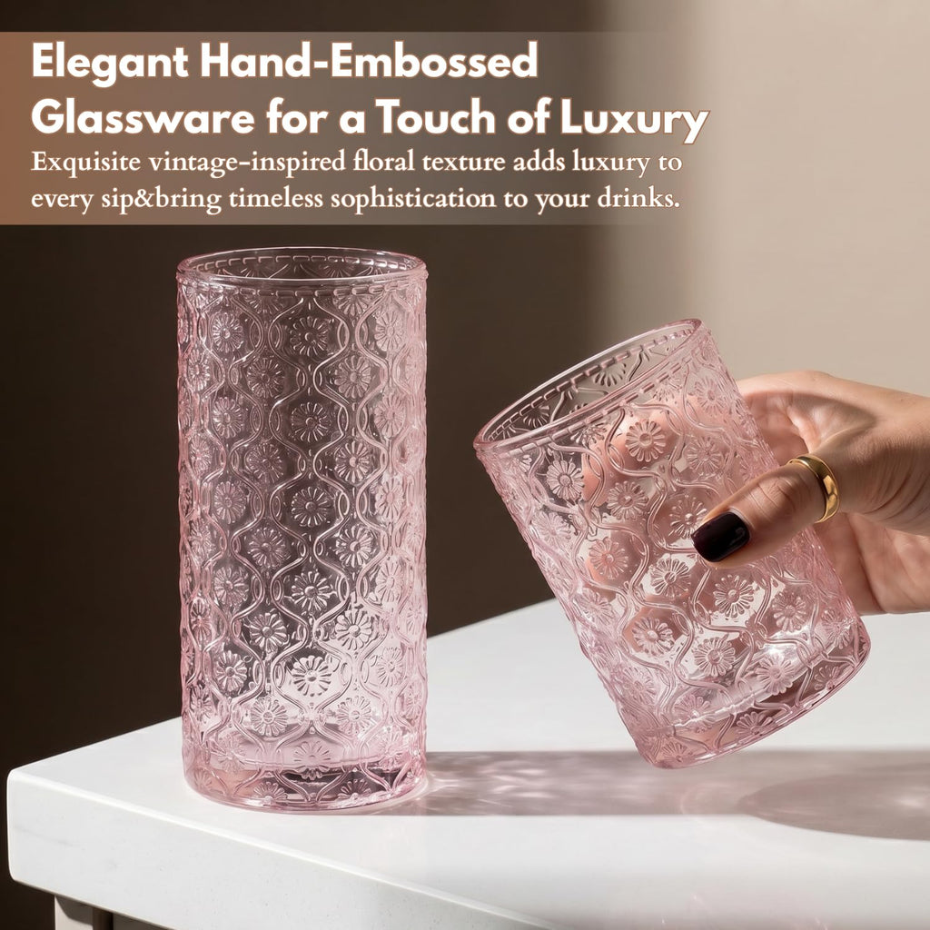Pink Floral Embossed 12 Oz Highball & 10 Oz Cocktail Glasses Set of 8 with Straws N33621