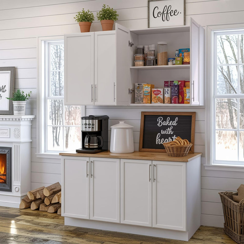 60" W White Laundry Room Wall Cabinets with Adjustable Shelf L138
