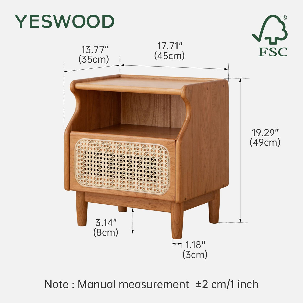 Cherry Wood Rattan Nightstand with Drawer G7618