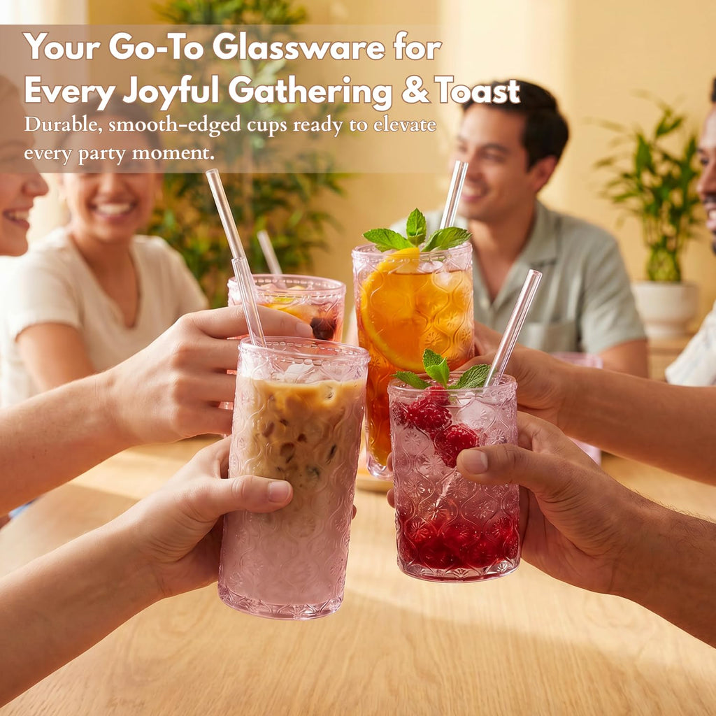 Pink Floral Embossed 12 Oz Highball & 10 Oz Cocktail Glasses Set of 8 with Straws N33621