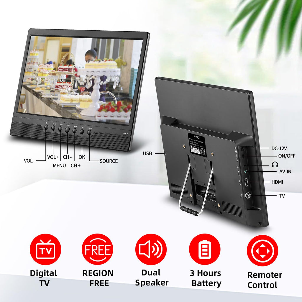 14 Inch Portable TV with Rechargeable Battery, ATSC Tuner, USB/HDMI/AV, 12 Volt C65685