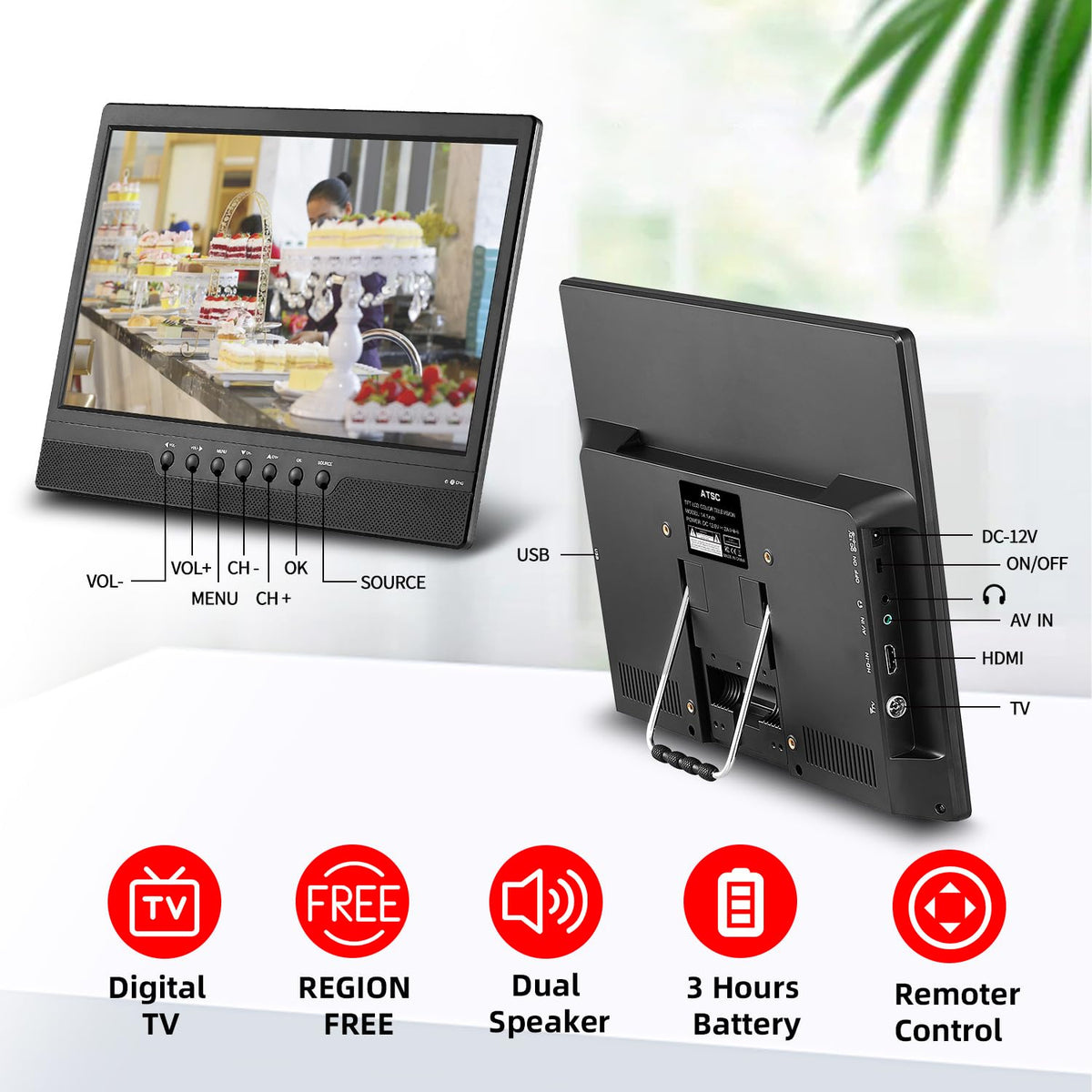 14 Inch Portable TV with Rechargeable Battery, ATSC Tuner, USB/HDMI/AV, 12 Volt C65685