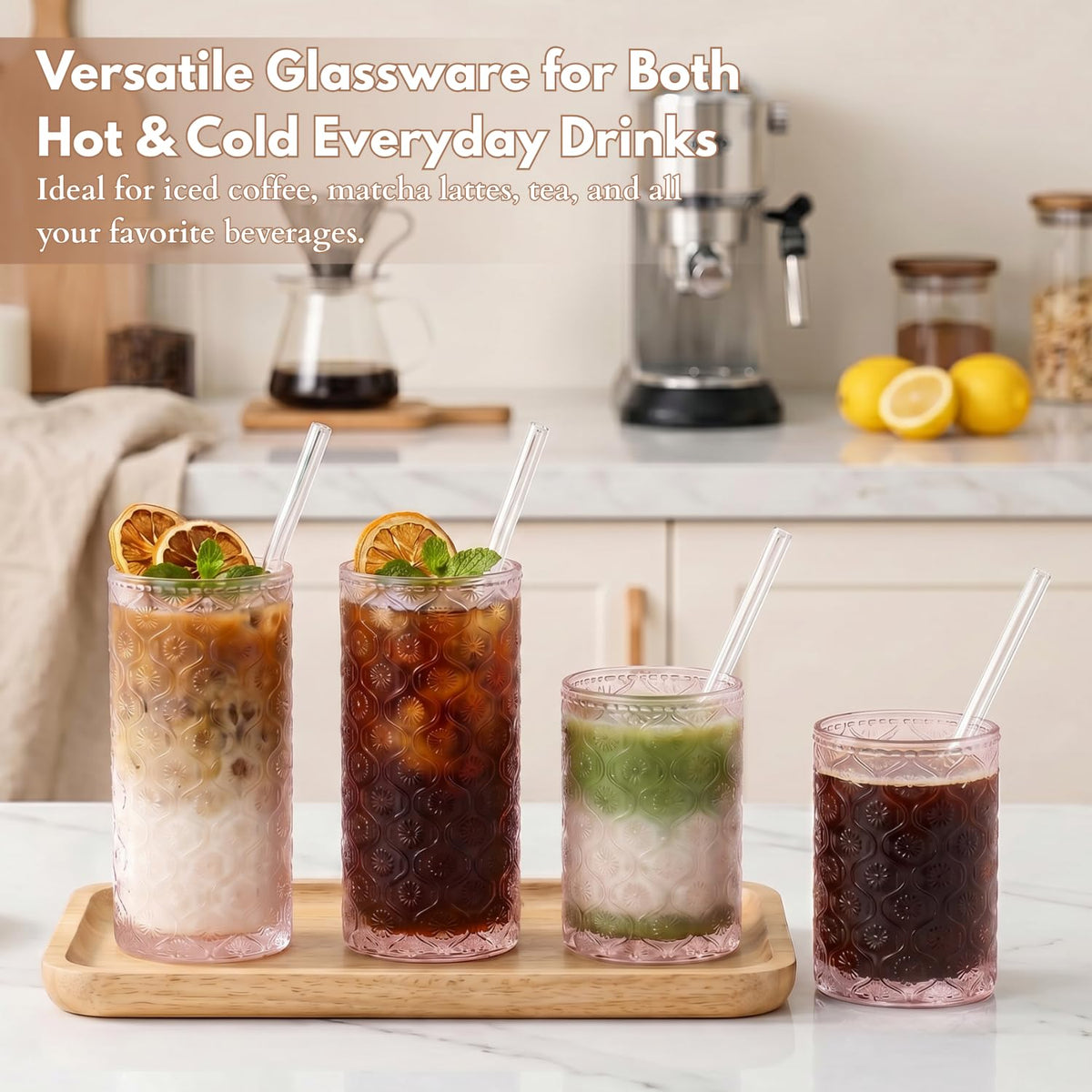 Pink Floral Embossed 12 Oz Highball & 10 Oz Cocktail Glasses Set of 8 with Straws N33621