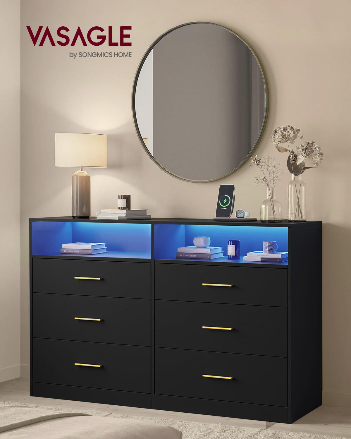 6 Drawer Dresser with LED Lights and Power Strip I80940