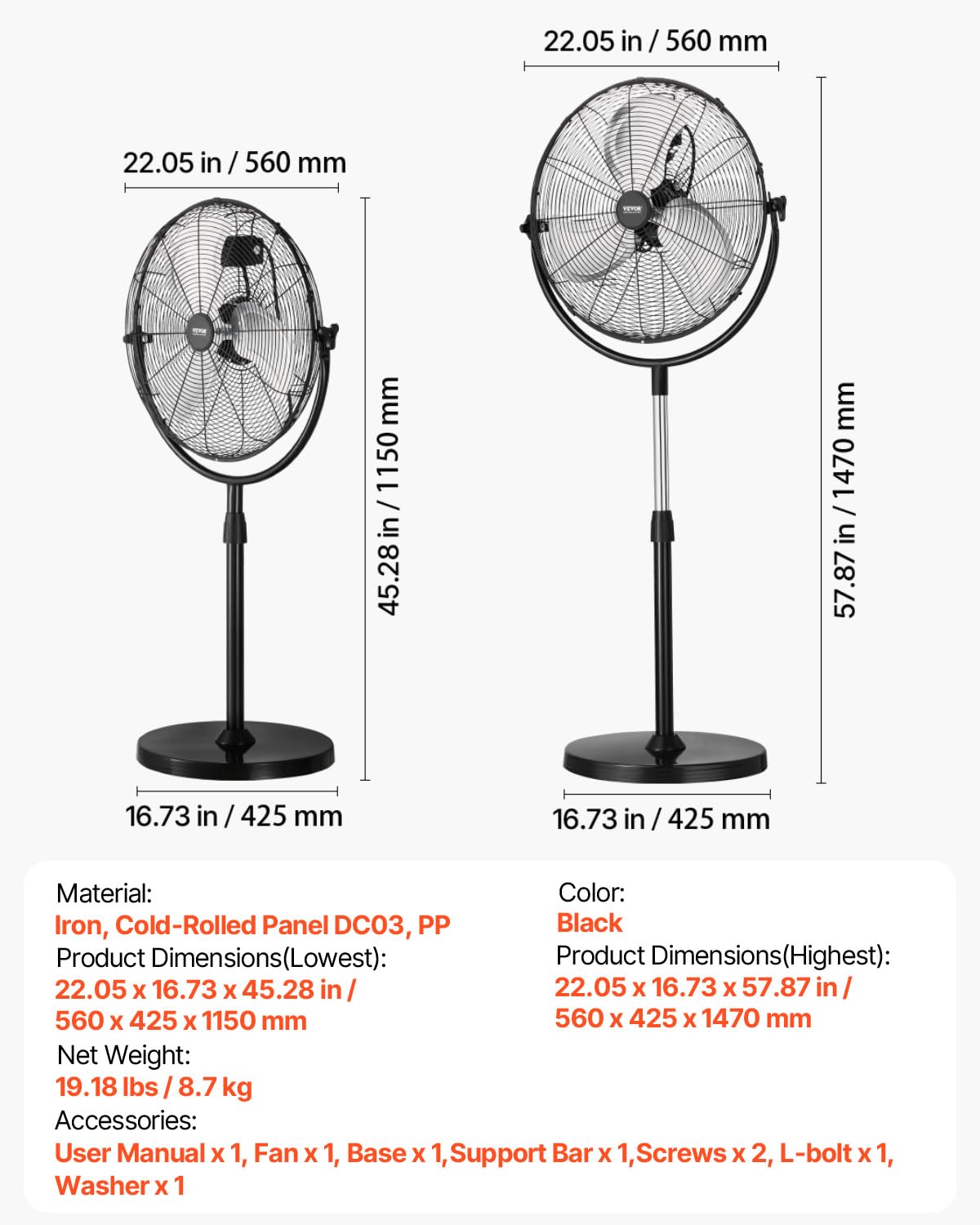 18 Inch Adjustable Height Standing Fan with 3 Speeds, Black Z13774