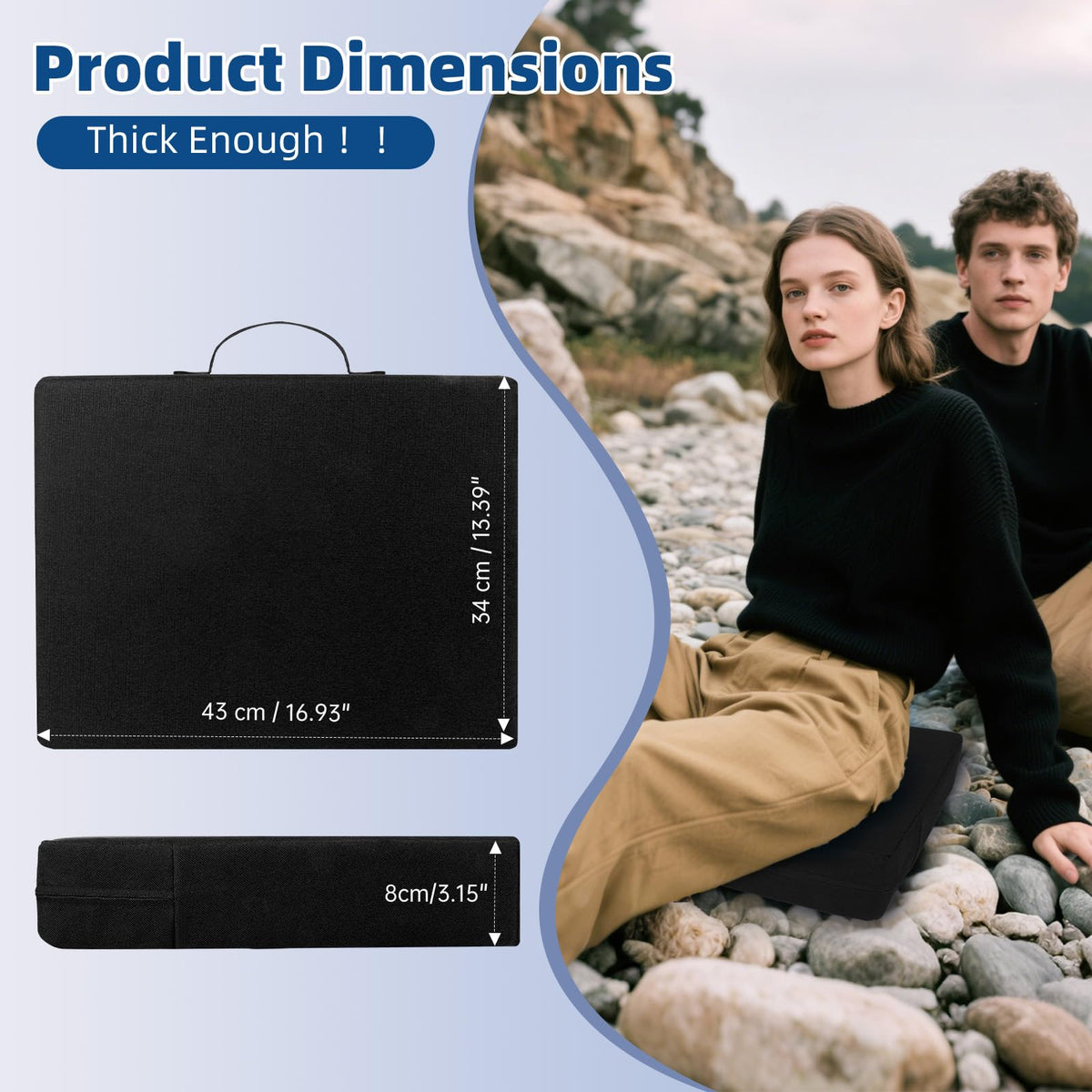 3.15" Extra Thick Waterproof 600D Oxford Bleacher Cushion with Carrying Handle Black Y992