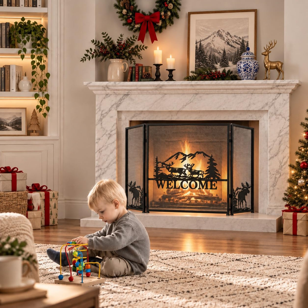 Foldable Fireplace Screen with Moose Pattern C503