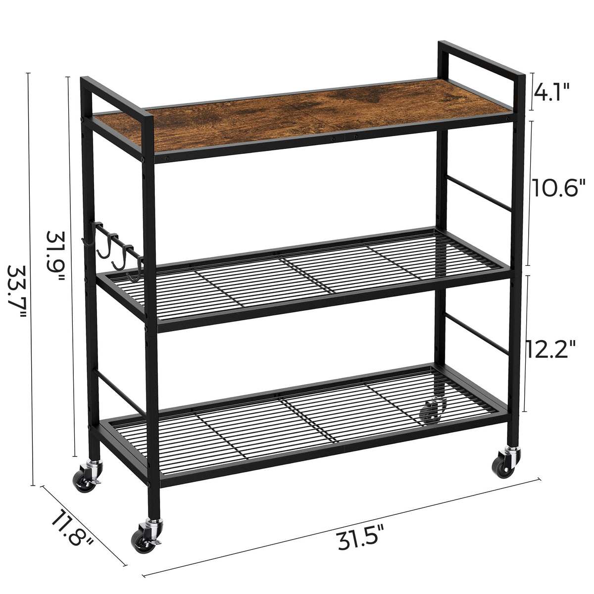 3-Tier Metal Storage Rack with Wheels, Mesh Shelving Unit, Black W3952