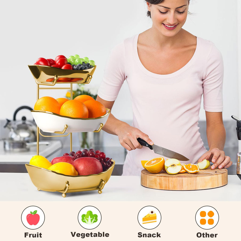 3 Tier Ceramic Fruit Bowl with Metal Stand J394