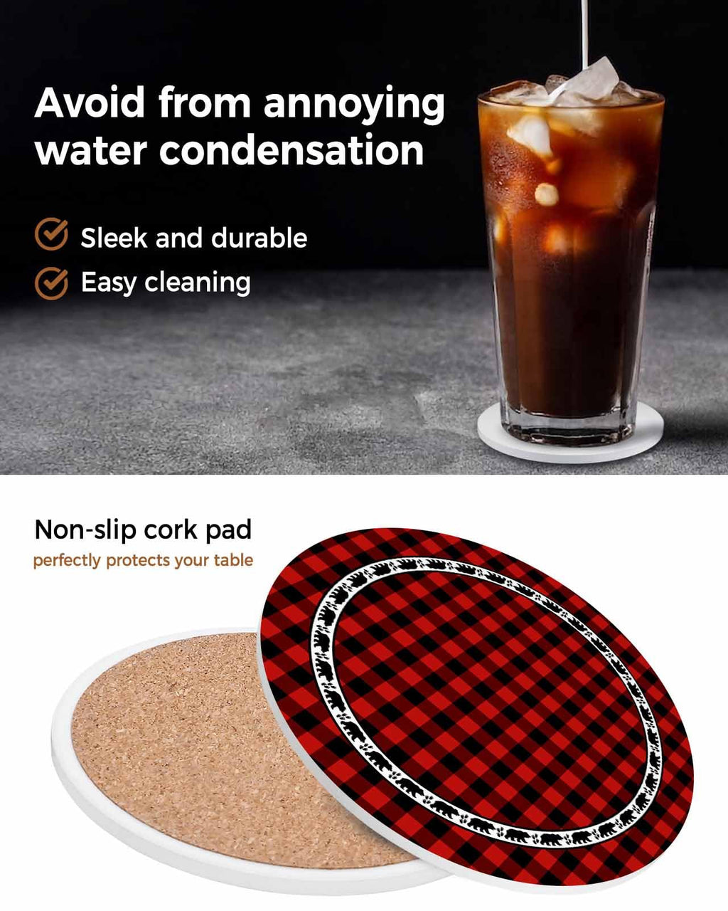 Red Black Buffalo Plaid Set of 6 Absorbent Stone Ceramic Coasters with Holder A915060